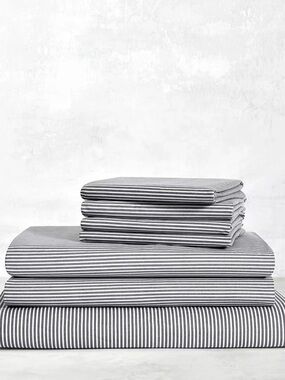 Brooklinen Full Flat Sheet & Pillowcases NWT Graphite & Steel Oxford Stripe